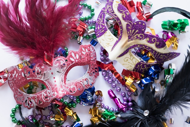 Close-up masks on beads and confetti