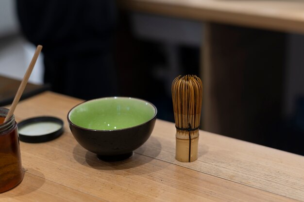 Close up on matcha tea utensils