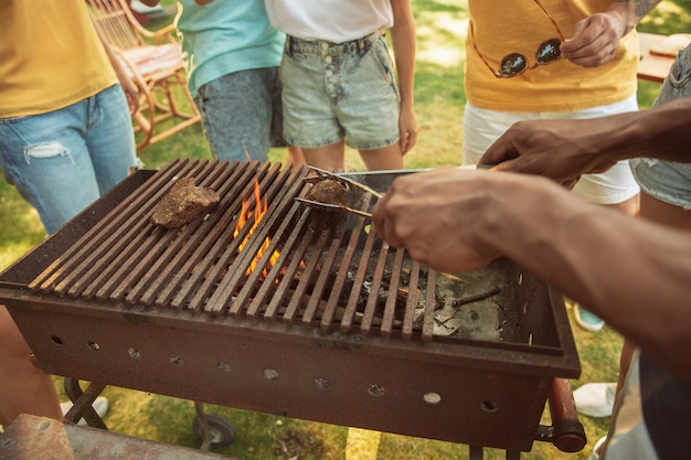 Close up of meat grilling, barbecue, summer lifestyle