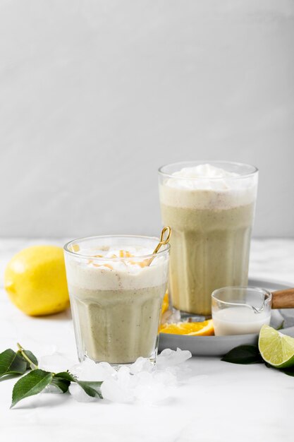 Close-up milkshake with fruits