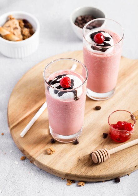 Close-up milkshakes with fruits