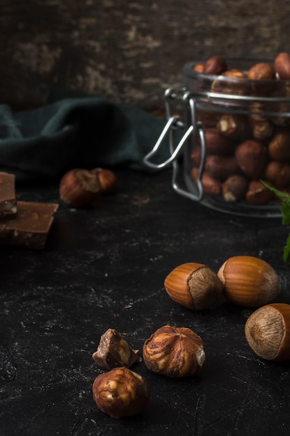 Close-up mixture of hazelnuts on the table