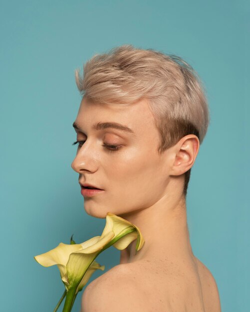 Close up model portrait with flower