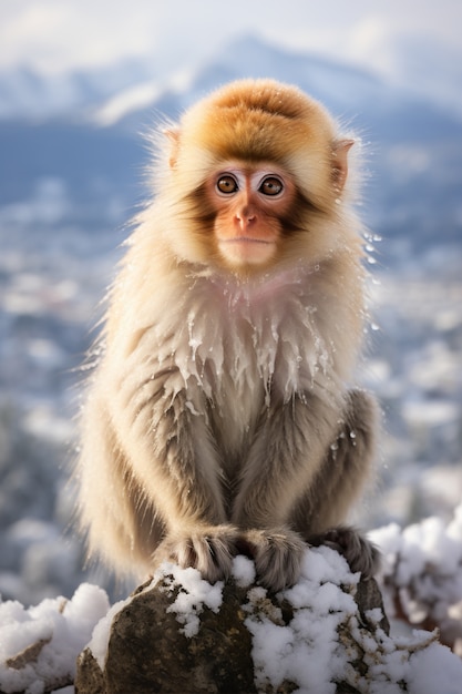 Foto gratuita primo piano sulla scimmia durante l'inverno