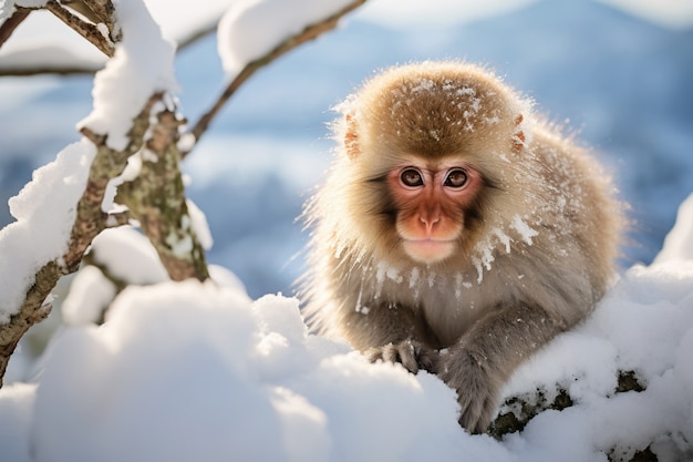 Foto gratuita primo piano sulla scimmia durante l'inverno