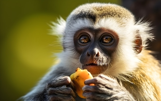 Foto gratuita prossimo piano di una scimmia che mangia frutta in natura