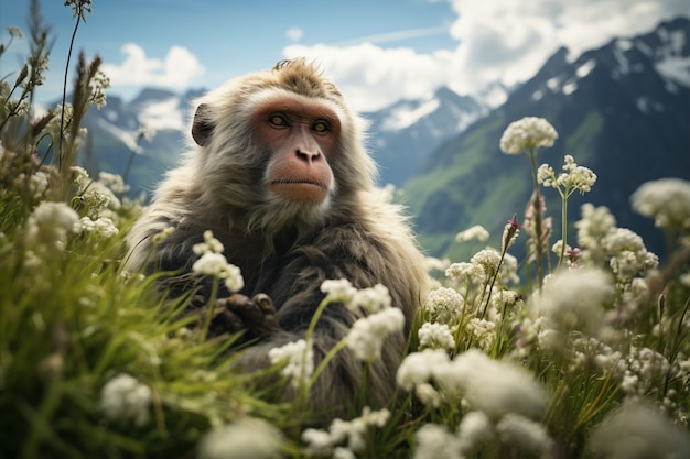 Foto gratuita primo piano sulla scimmia nel campo dei fiori