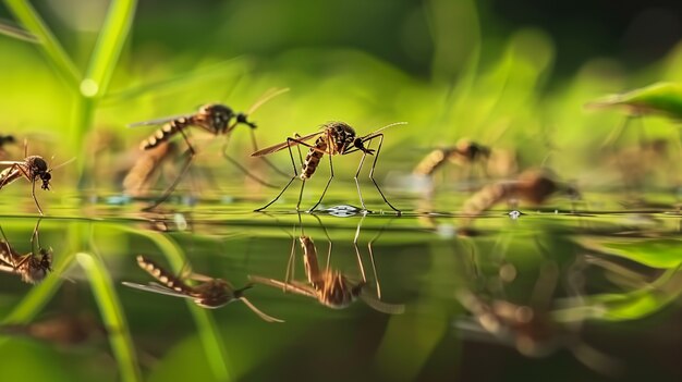 Close up on mosquitoes in nature