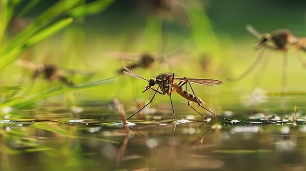 Close up on mosquitoes in nature