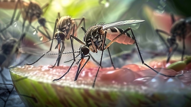 Close up on mosquitoes in nature