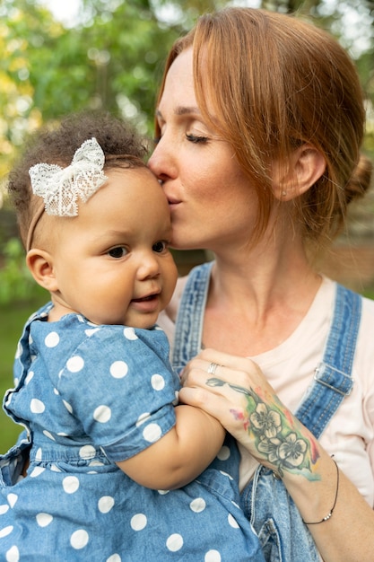 Close up mother kissing baby on head