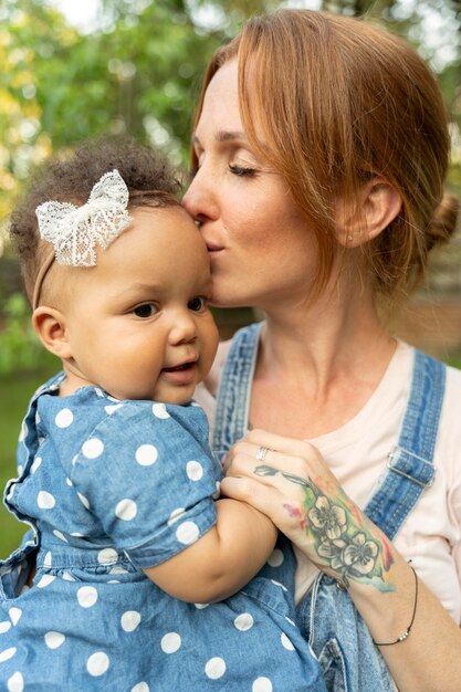 Close up mother kissing baby on head