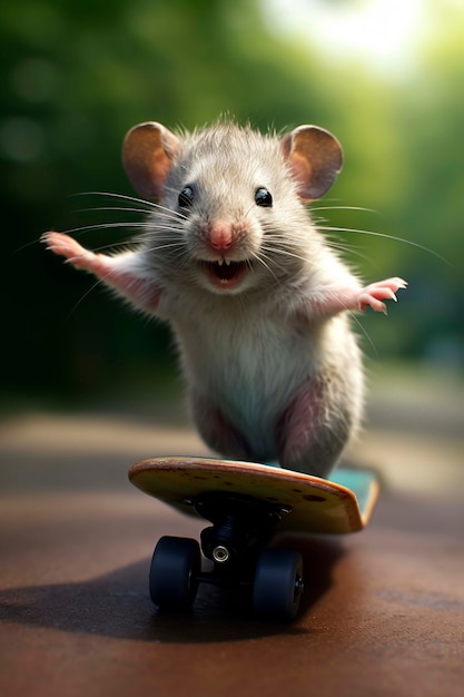 Близкий взгляд на мышь на скейтборде