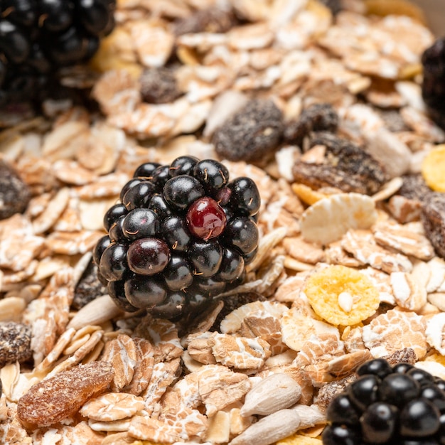 Free photo close-up muesli with blackberry