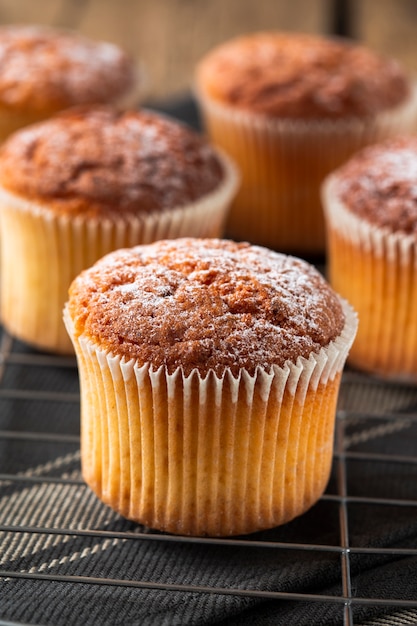 Close up muffin with powdered sugar