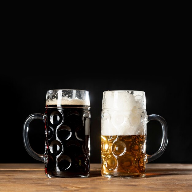Close-up mugs of bavarian beer on a table