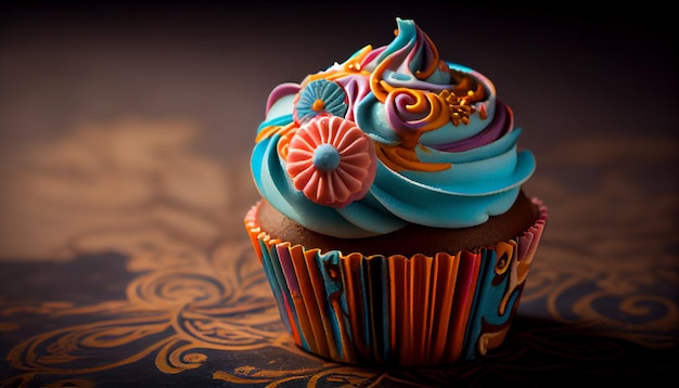 A close up of a multi colored cupcake with icing generated by AI