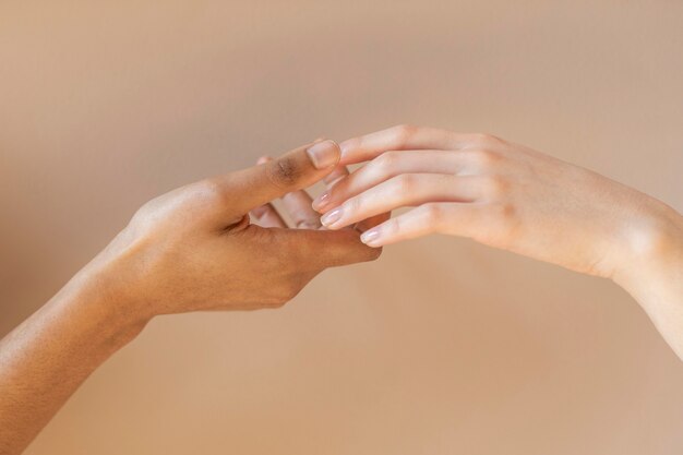 Close up multicultural hands hold