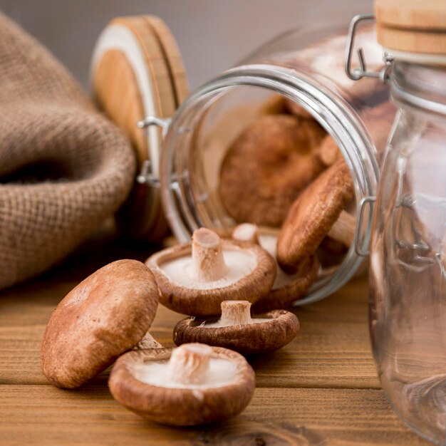 Close-up of mushrooms in jar