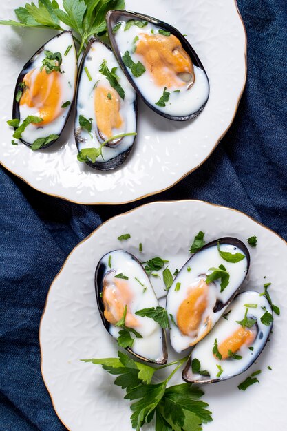 Close-up mussel shells on a plate