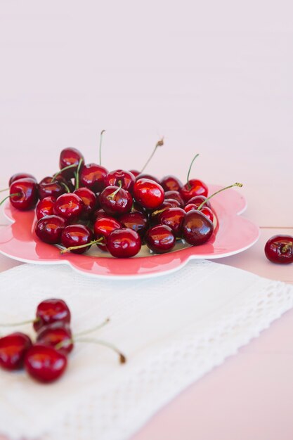 Close-up of napkin and juicy red cherries on plate