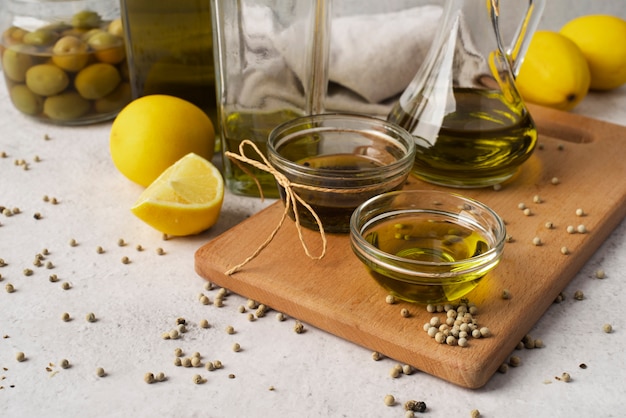 Close-up natural olive oil and olives