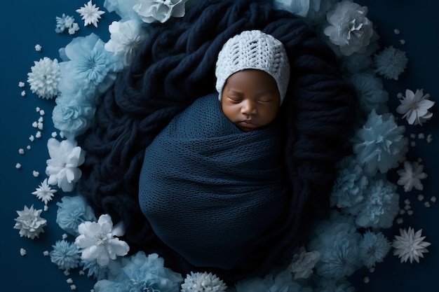 Close up on new born baby surrounded by flowers