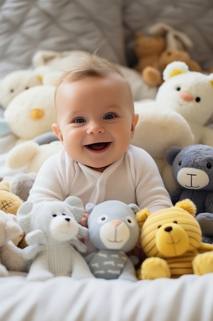 Close up on new born baby with toys