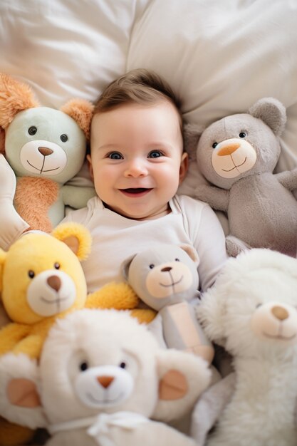 Close up on new born baby with toys