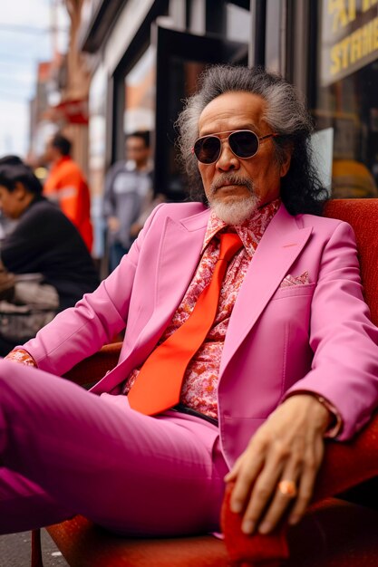 ピンクの衣装を着たニューヨークのファッショナブルな男性をクローズアップ