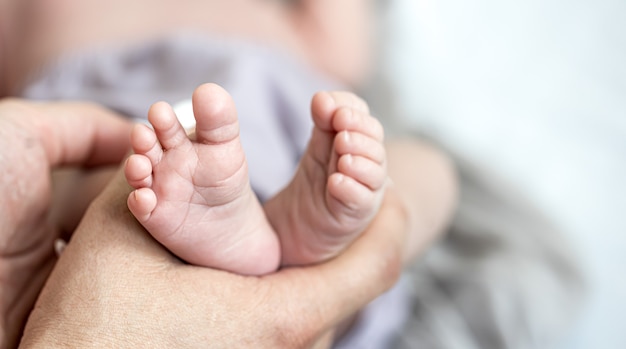 Close-up of newborn baby's legs in mom's hands on blurred background.