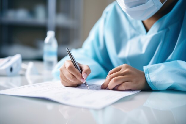 Close up on nurse writing