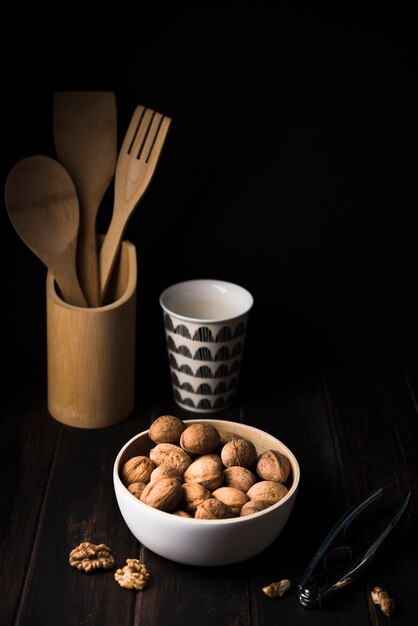 Close-up nuts in a bowl on table