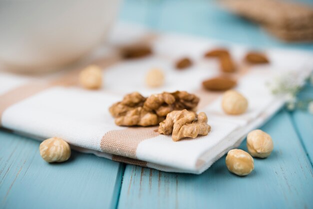 Close-up nuts on wooden table