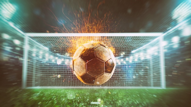 Крупный план огненного футбольного мяча, мощно ударившего по стадиону, забившего гол