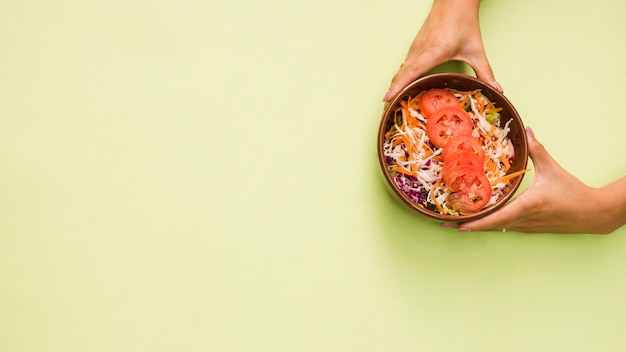 Бесплатное фото Крупный план руки человека, держащей тарелку с салатом на мятно-зеленом фоне