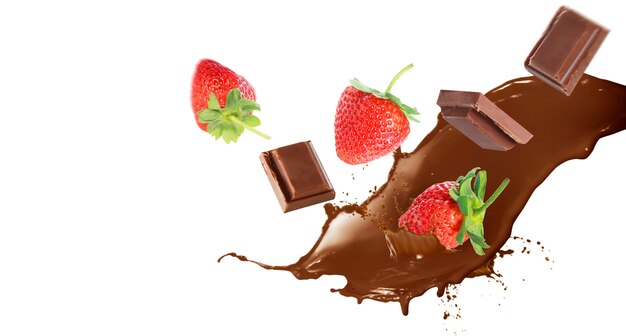 チョコレートソースとミルククリームスプラッシュに落ちるチョコレートのイラスト プレミアム写真