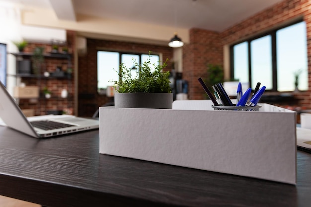 Close up of office decorations in box and laptop on desk. Houseplant in pot, supplies and instruments on wooden table in empty business space. Flowerpot and modern ornaments at work