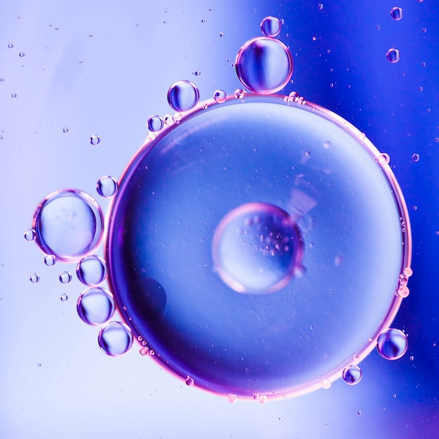 Close-up oily bubbles and droplets in colourful watery backdrop