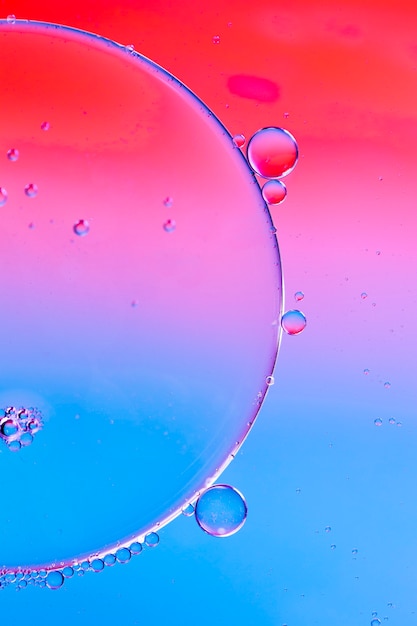 Close-up oily bubbles and droplets in colourful watery backdrop