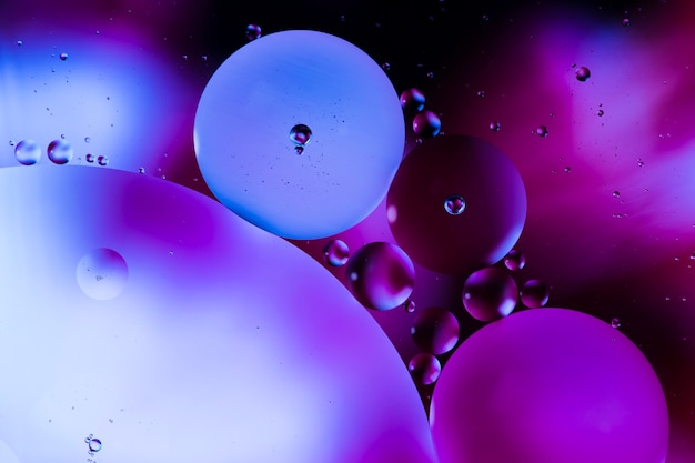 Close-up oily bubbles and droplets in colourful watery backdrop