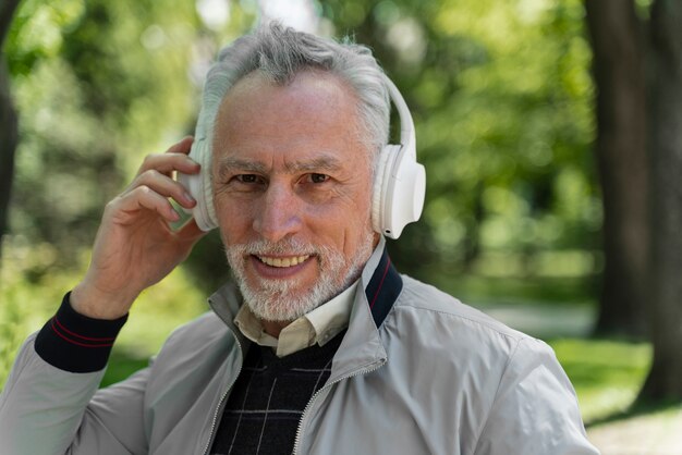 Close up old man wearing headphones
