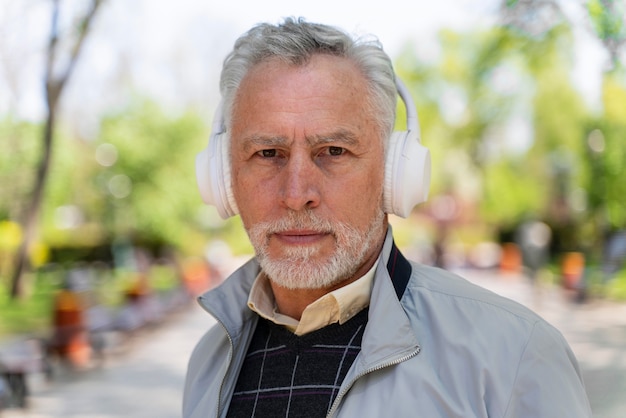 Close up old man wearing headphones