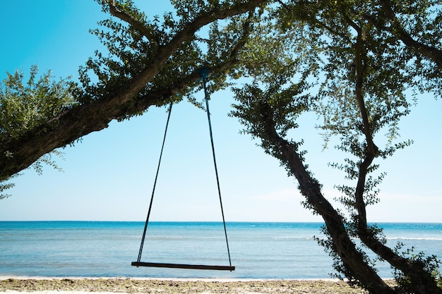 해변과 푸른 바다 길리 트라왕안 옆에 있는 오래되고 풍화된 로프와 나무 그네를 닫습니다