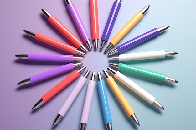 Бесплатное фото Крупный план 3d-рендеринга разноцветных ручек
