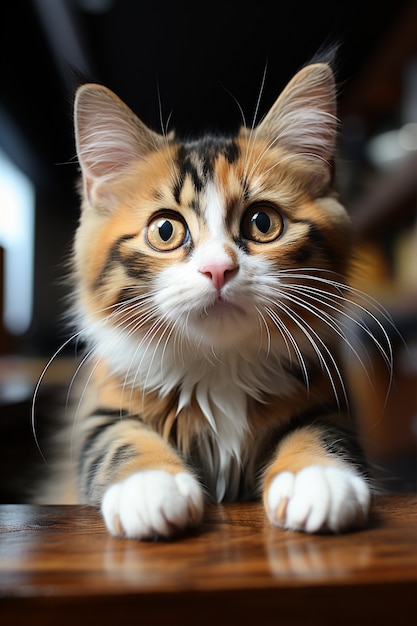 Бесплатное фото Крупным планом очаровательный котенок в помещении