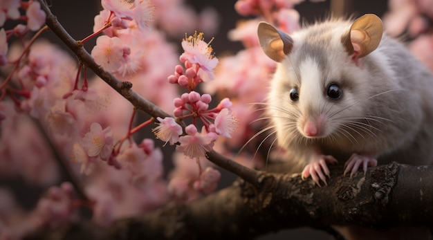 무료 사진 꽃 근처의 사랑스러운 주머니쥐를 가까이서 보세요