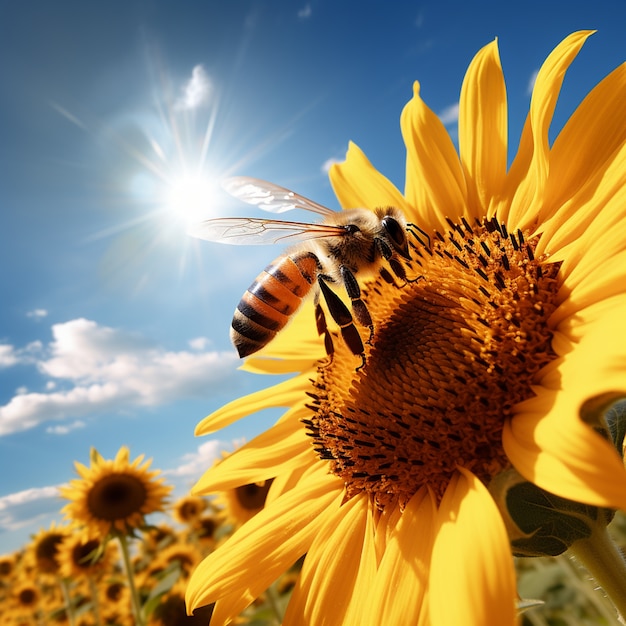 Бесплатное фото Крупным планом пчела собирает нектар