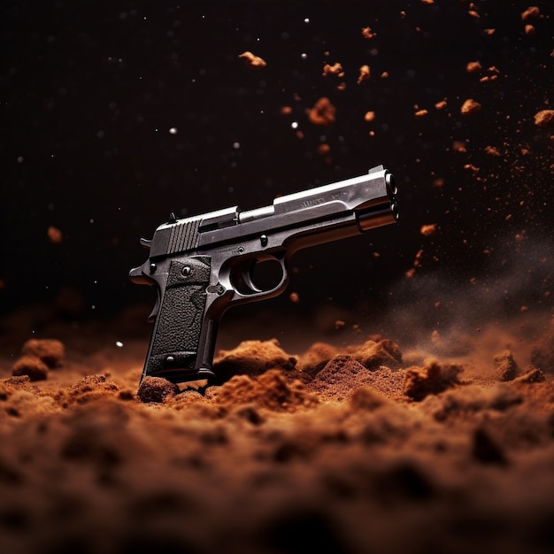 Бесплатное фото Крупным планом пистолет, окруженный порохом после стрельбы