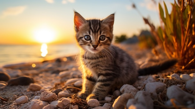 Бесплатное фото Крупным планом котенок на берегу моря
